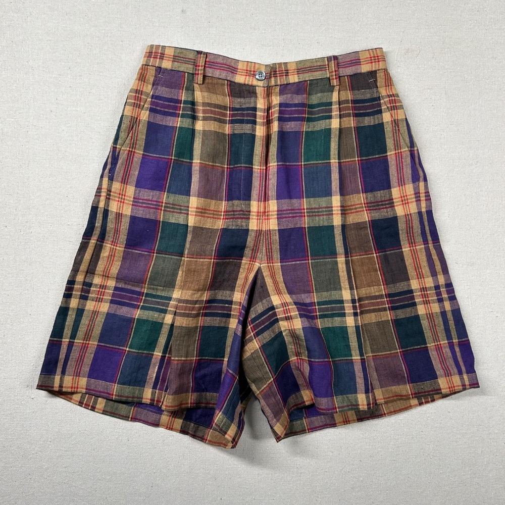 Lauren Ralph Lauren Plaid High Waist Shorts - Purple, Green, Tan